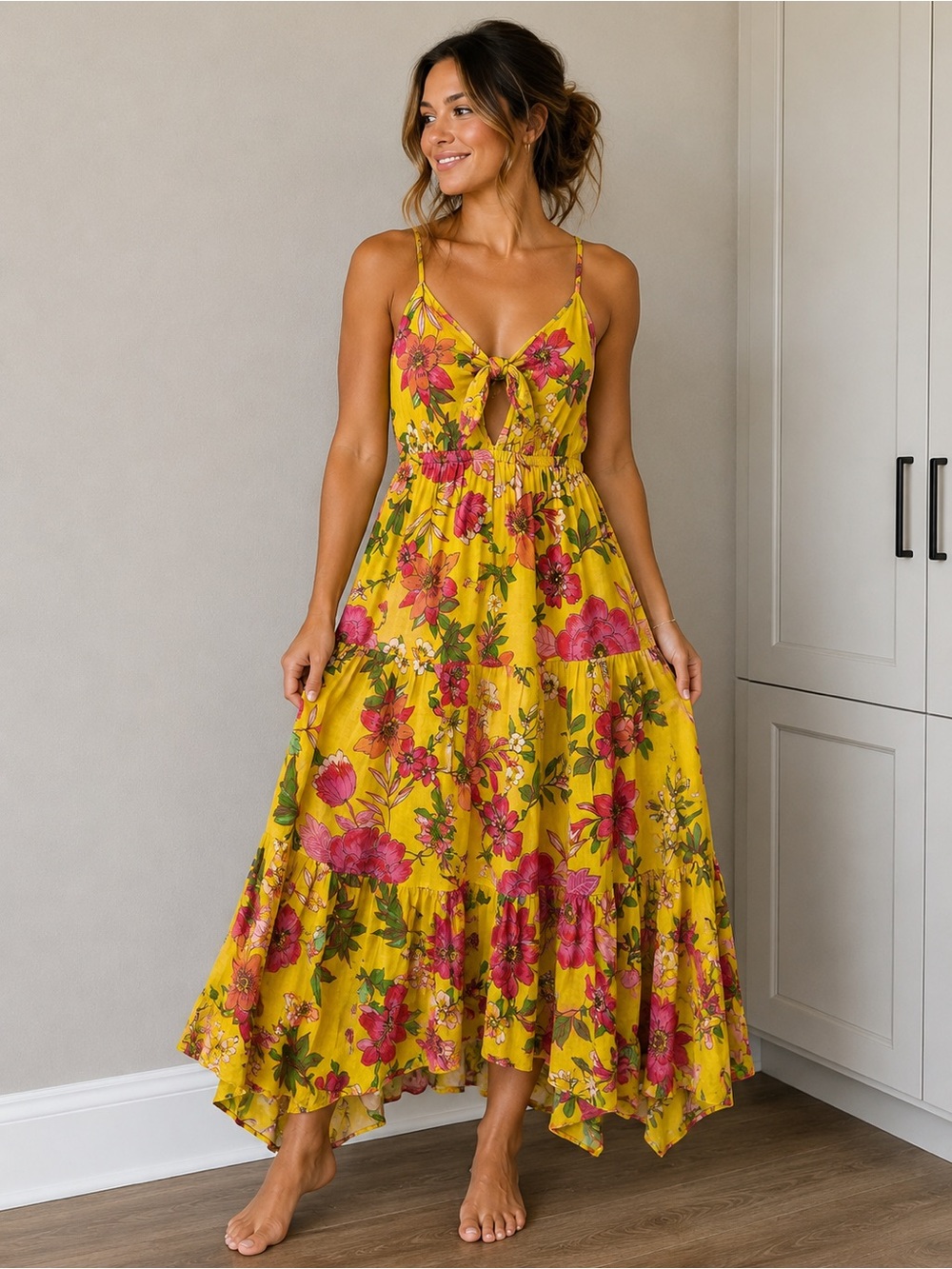NWT Band Of The Free- Free People Yellow Floral Tie-Front Maxi Dress